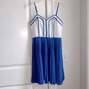Blue & White Boutique Spaghetti Strap Contrast Trim Spring Summer Pleated Dress